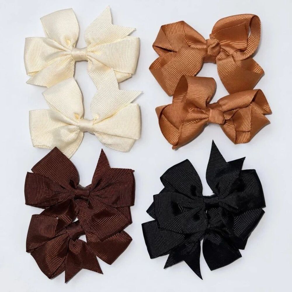 Girls Hair Bow Clips 8 Pc Lot 4 Matching Pairs Brown Cream Black Tan